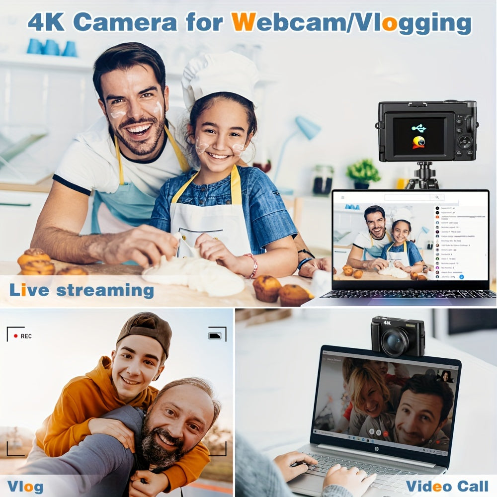 Cámara digital 4K de 48 MP, pantalla abatible de 3", enfoque automático, antivibración y zoom de 16x para fotografía y vídeo.