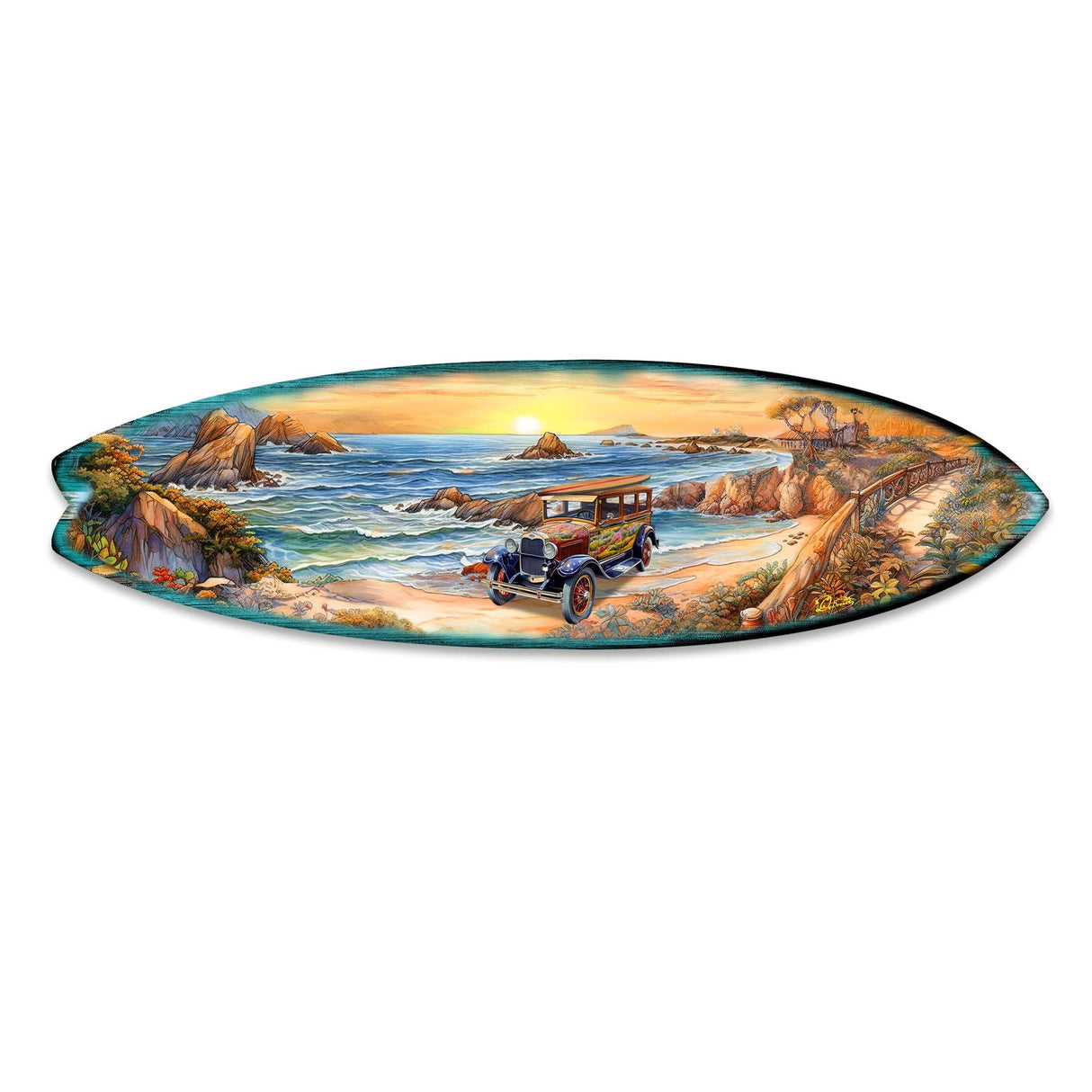 Tabla de surf al amanecer en la playa, arte mural costero de G. DeBrekht - Decoración navideña costera - 8490124HS