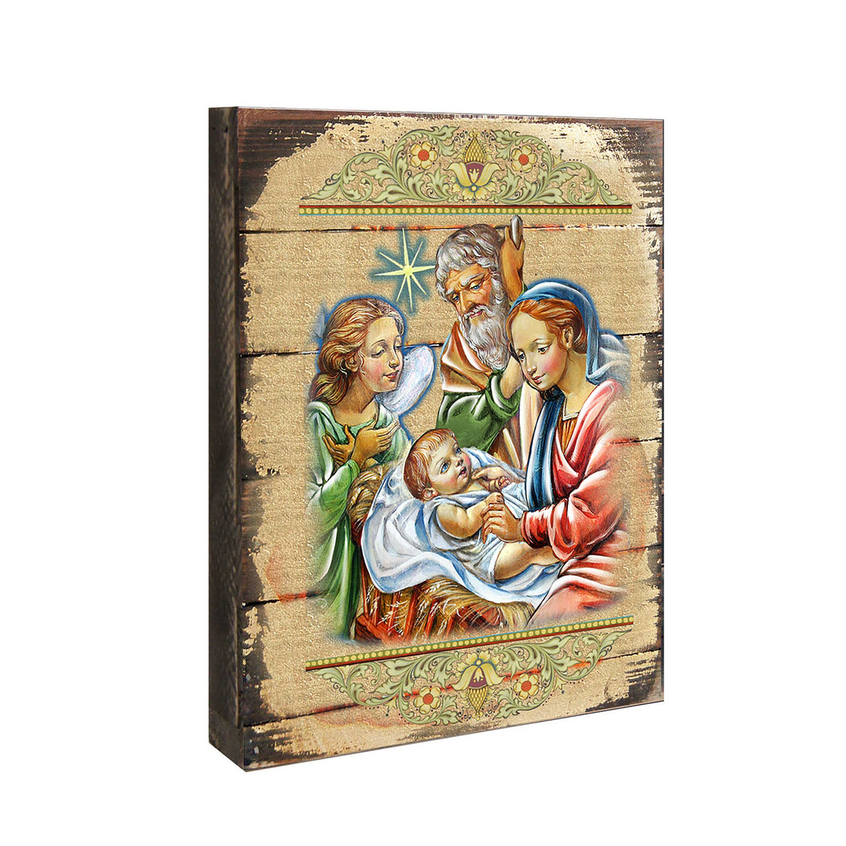Nativity with Angel Wooden Gold Plated Religious Christian Sacred Icon - Inspirational Icon Decor - 85049