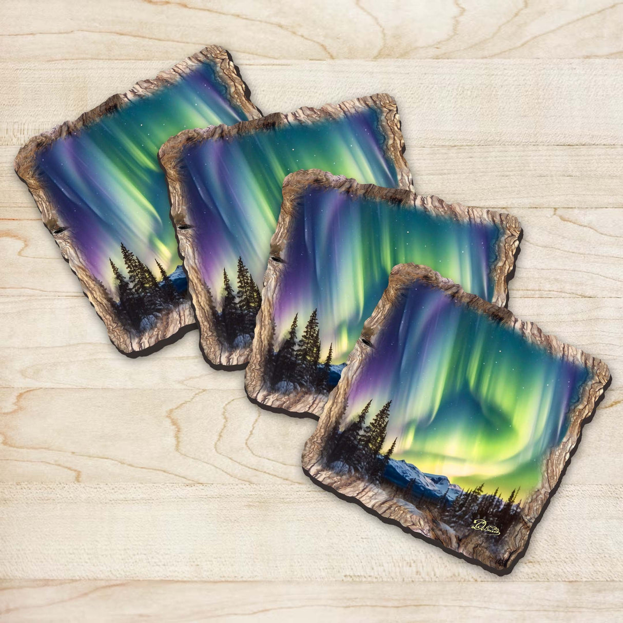 Northern Lights Wooden Cork Coasters Gift Set of 4 by Nature Wonders Nature Wildlife Decor  - 95391C-S4