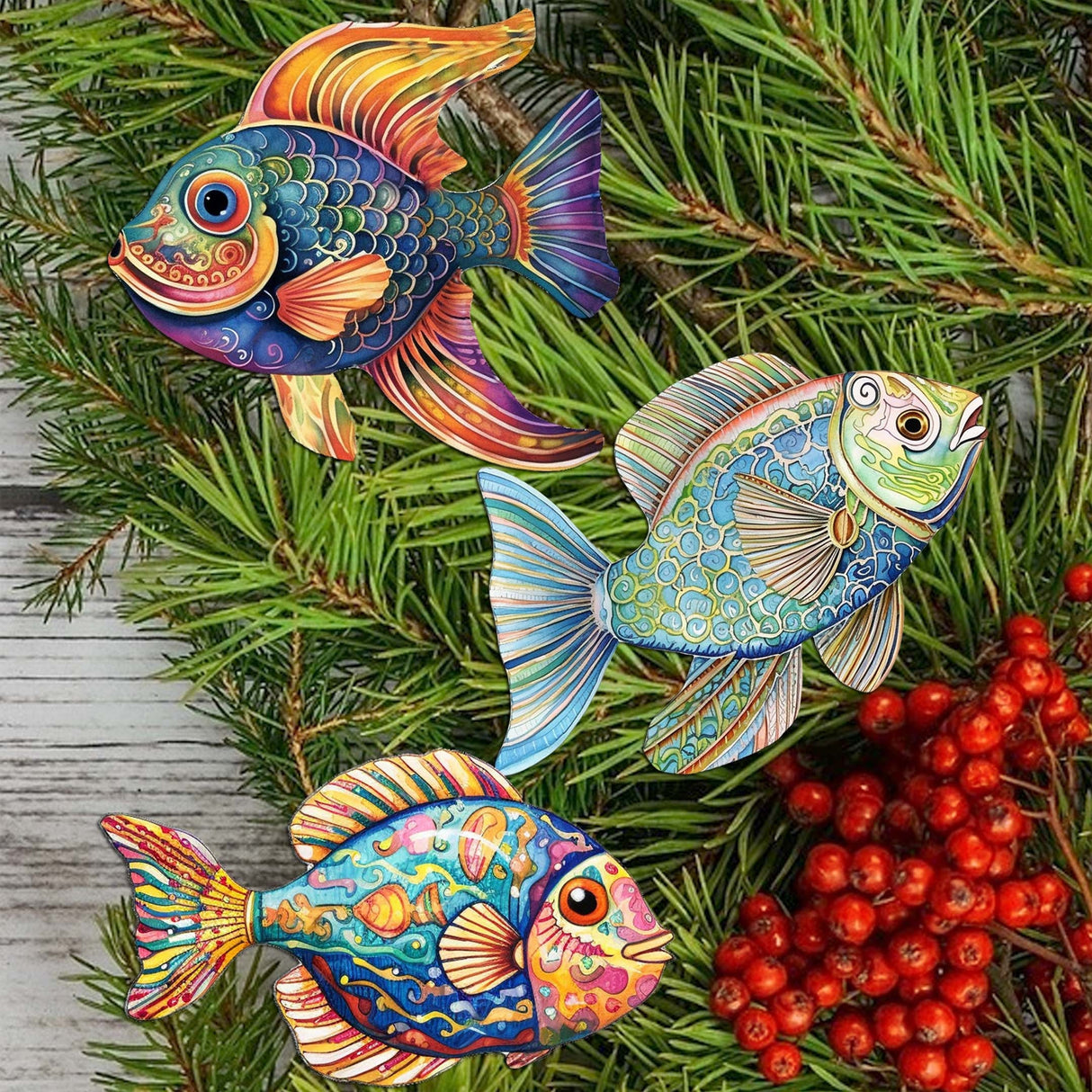 Coastal Fish Decorative Wooden Clip-on Ornaments Set of 3 by G. Debrekht - Coastal Decor - 8091034C-S3