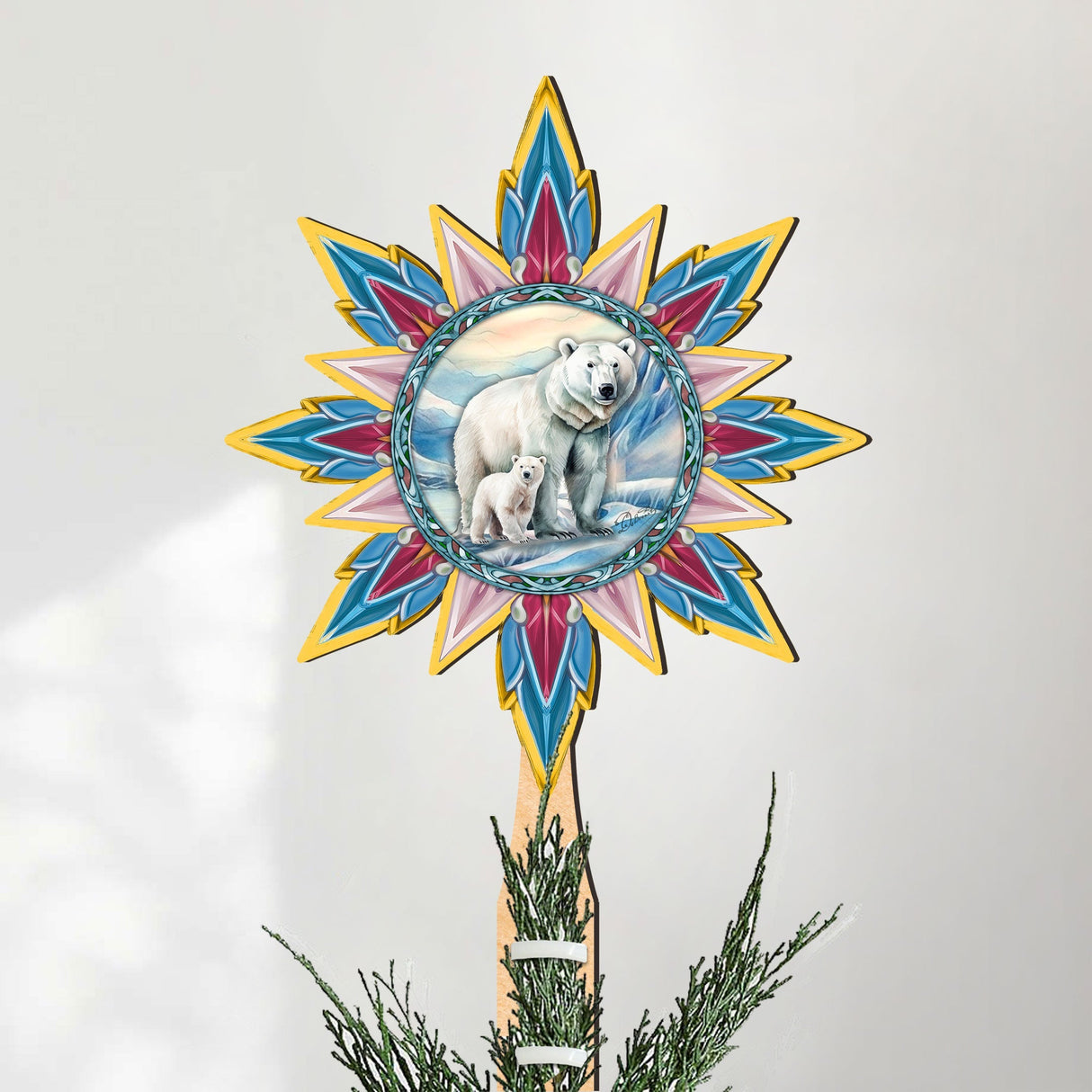 Decoración de madera para la punta del árbol de Navidad con forma de oso polar y cachorro, de G. Debrekht - Decoración navideña con animales salvajes - 89509