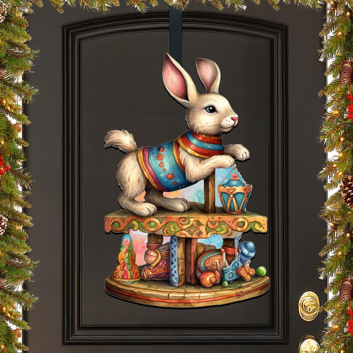 Carousel Bunny with Toys Holiday Door Decor by G. Debrekht - Christmas Decor - 8611086H