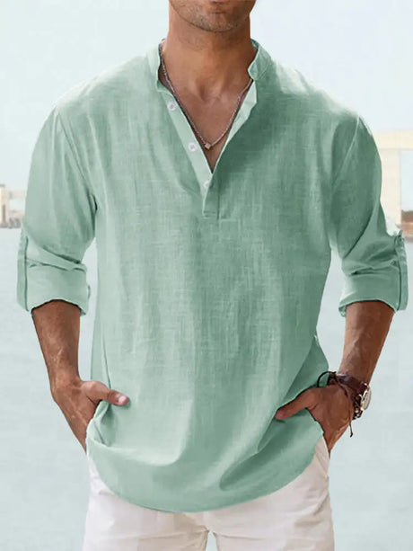 Men's Linen Stand-up Collar Long Sleeve T-shirt Loose Undershirt - Lootquake