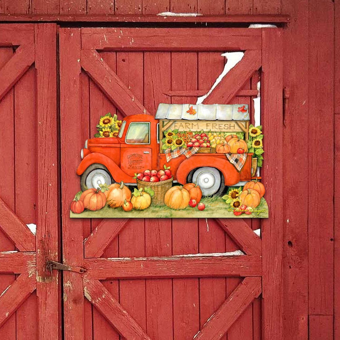 Decoración de puerta de Acción de Gracias con un camión de calabazas y frutas y verduras, por Susan Winget - Decoración de Halloween - 8471202H-SW