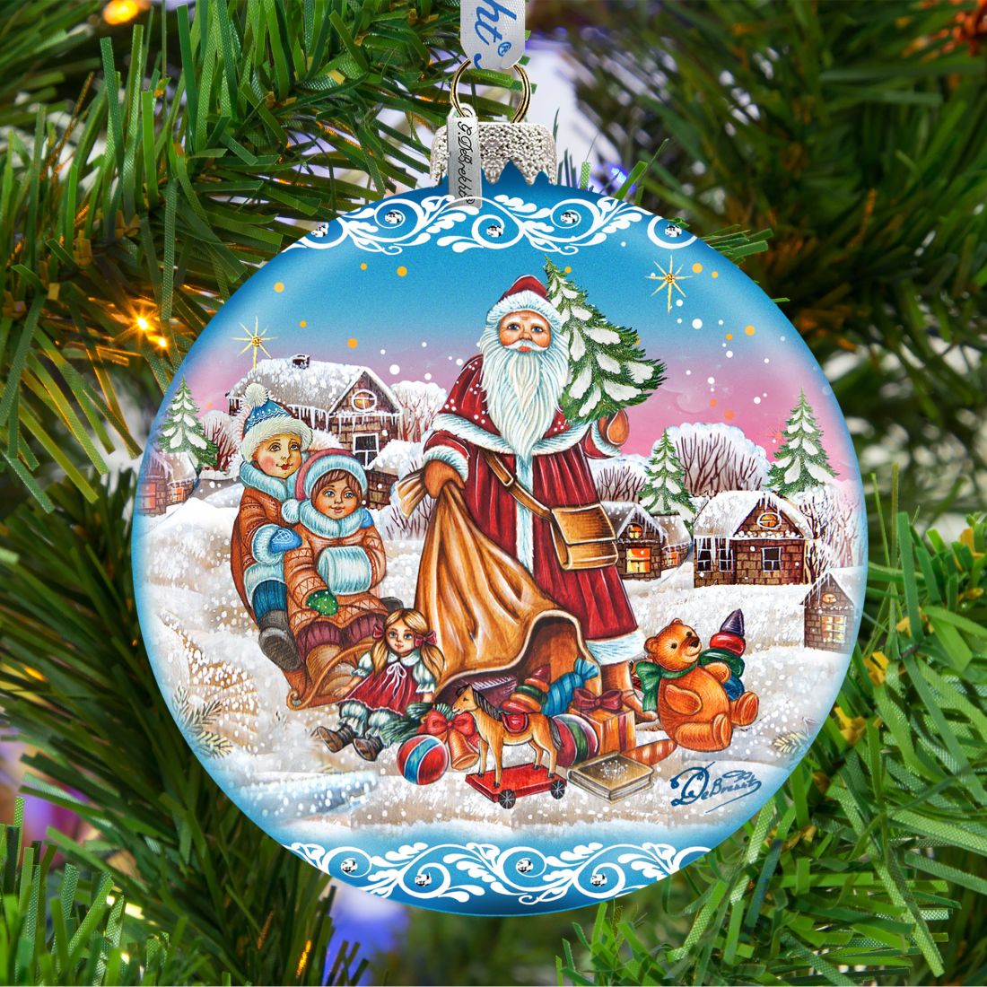 Santa Gift Giver Blue Ball Glass Ornament Limited Edition by G. DeBrekht - Christmas Santa Snowman Decor - 73874B