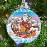 Santa Gift Giver Blue Ball Glass Ornament Limited Edition by G. DeBrekht - Christmas Santa Snowman Decor - 73874B