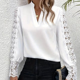 Women's Fashionable New V-neck Lace Patchwork Long Sleeved Top Shirt - Lootquake