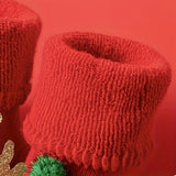 1 par de calcetines navideños para niña, adorables accesorios navideños con dibujos en 3D, calcetines gruesos de algodón con lazo, calcetines rojos antideslizantes.