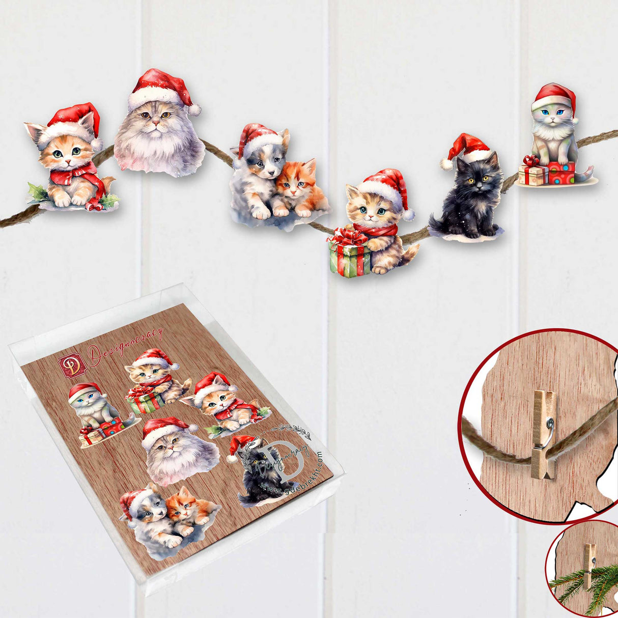 Christmas Cats Decorative Wooden Clip-on Ornaments of 6 by G. Debrekht - Christmas Decor - 8090016C-S6