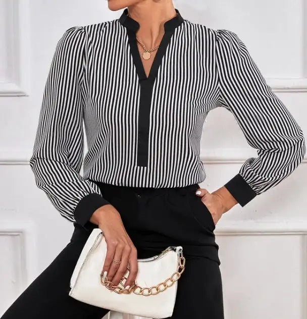 Ladies' New Striped V-neck Cuff Collar Color Block Splicing Fashion Shirt - Lootquake