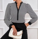Ladies' New Striped V-neck Cuff Collar Color Block Splicing Fashion Shirt - Lootquake