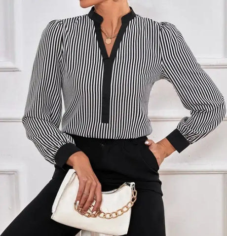 Ladies' New Striped V-neck Cuff Collar Color Block Splicing Fashion Shirt - Lootquake