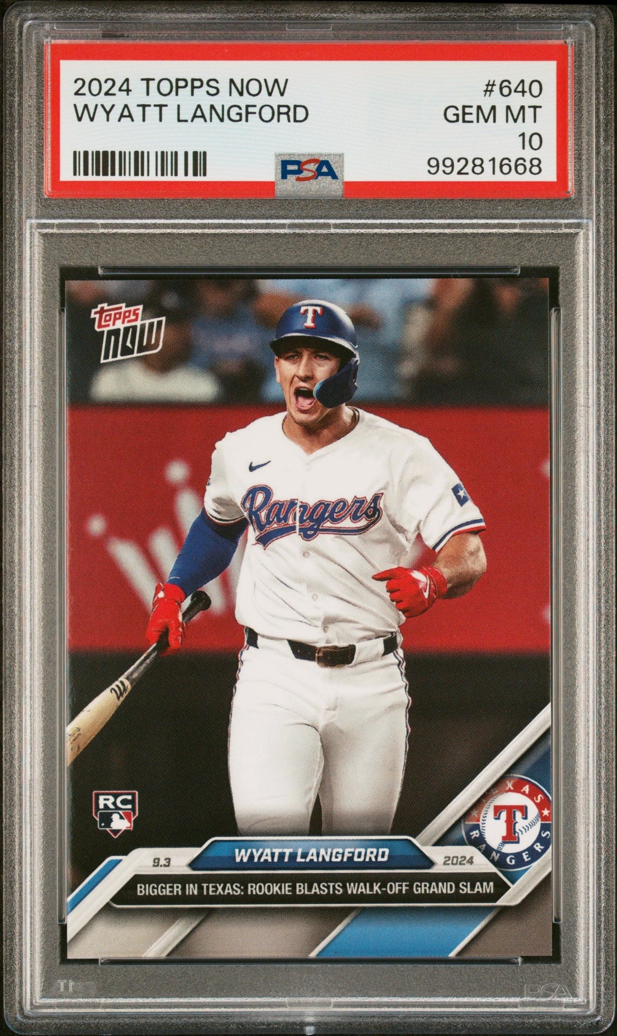 Tarjeta de béisbol Wyatt Langford #640 Rookie RC de Topps Now, calificada en 2024, PSA 10 Gem Mint
