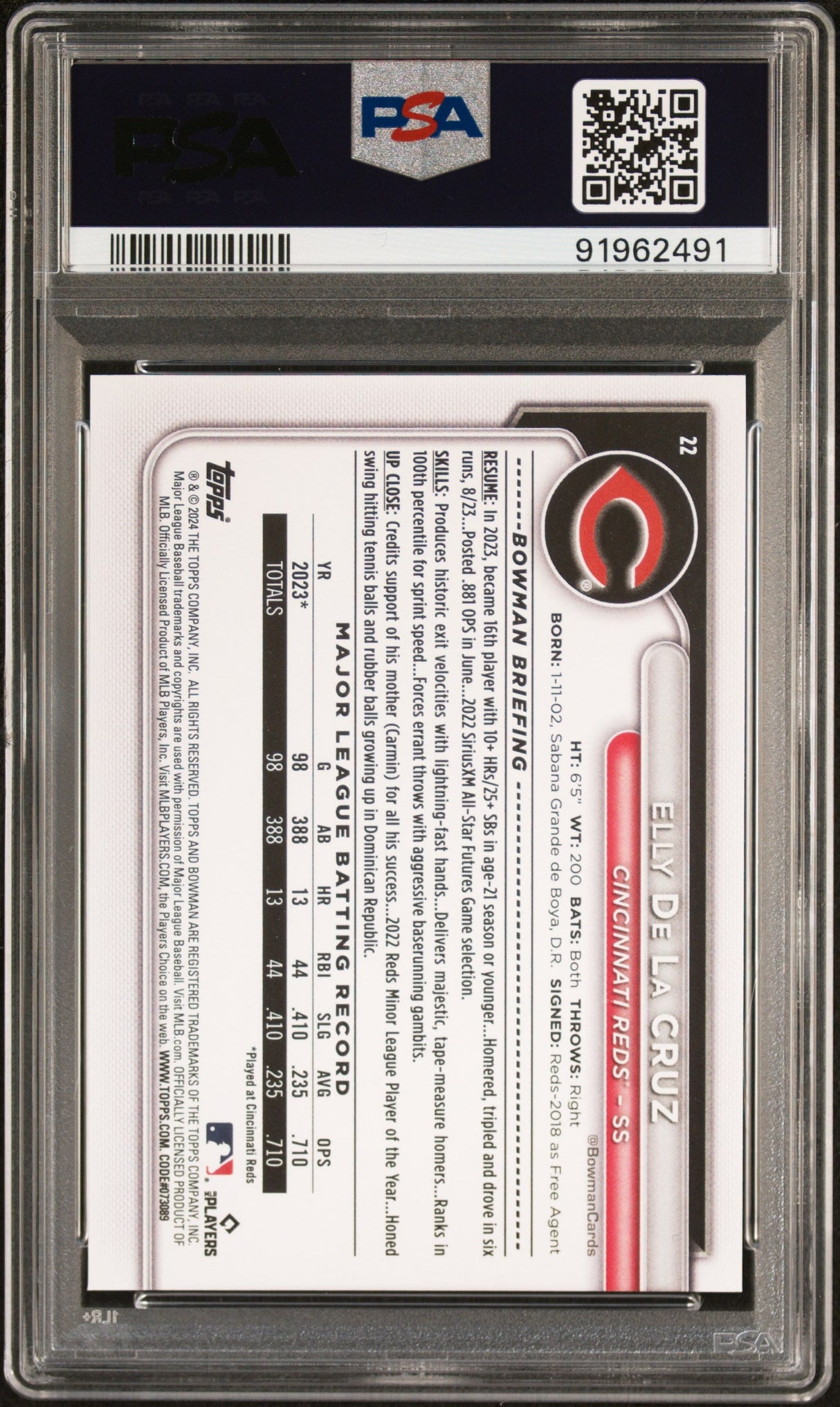 Tarjeta de béisbol Topps Bowman Elly De La Cruz #22 Rookie RC 2024, calificada, PSA 10 Gem Mint