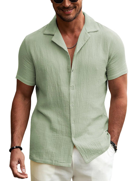 URRU Shirts for Men Casual Summer Button Up Shirts Green Beach Shirts Short Sleeve Cuban Hawaiian Shirts Big and Tall (Light Army Green XX-Large) - Lootquake