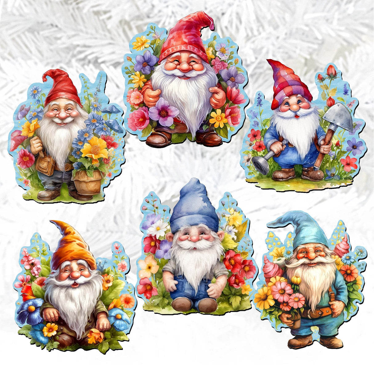 Garden Gnomes Decorative Wooden Clip-on Ornaments Set of 6 by G. Debrekht - Christmas Decor - 8090030C-S6