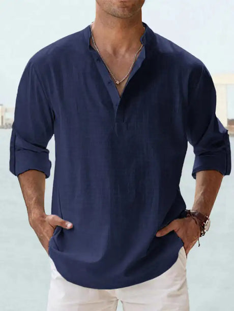 Men's Linen Stand-up Collar Long Sleeve T-shirt Loose Undershirt - Lootquake