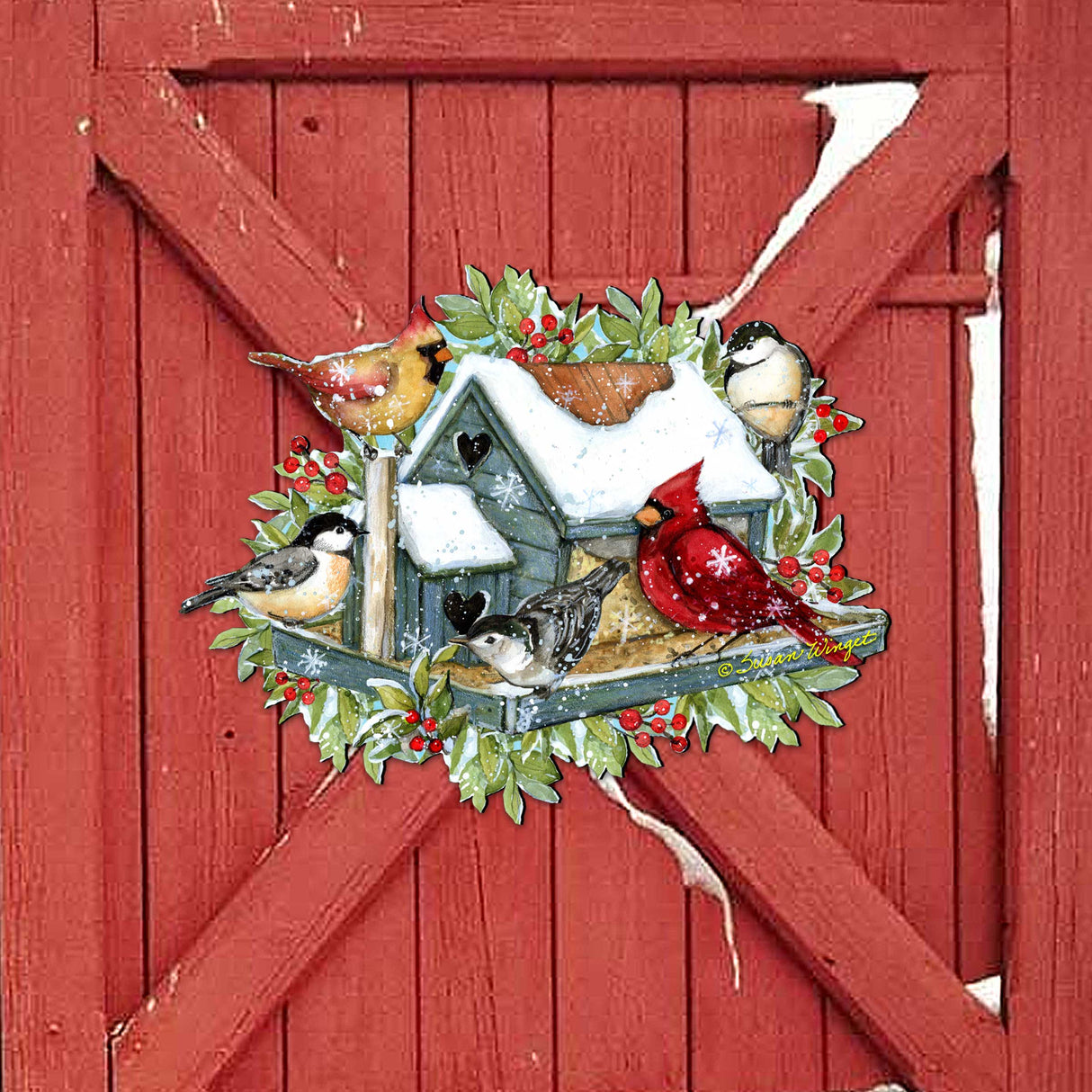 Front Door Winter Cardinals Birdhouse Decor - Christmas Welcome by Susan Winget - Handmade Gift Product Code 8471115-2H-SW