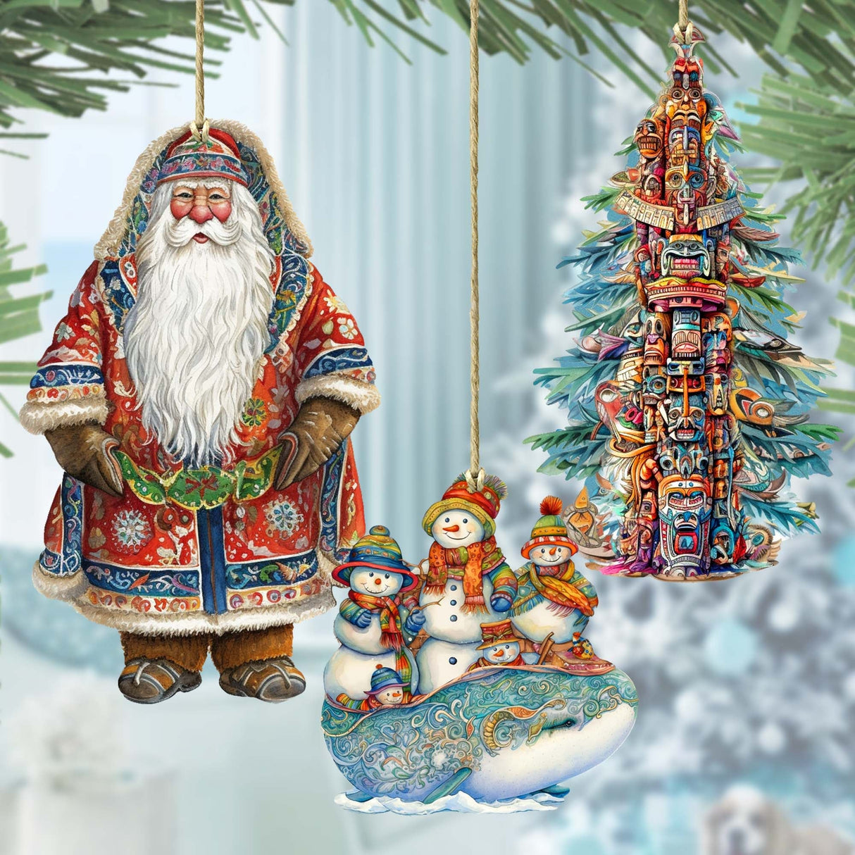 Papá Noel de todo el mundo - Papá Noel de inspiración alaskeña - Juego de 3 adornos de madera de G. DeBrekht - Decoración navideña de Papá Noel y muñeco de nieve - 8091314S3