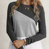 Ladies' Fashionable Casual Patchwork Color Long Sleeved T-shirt Top - Lootquake