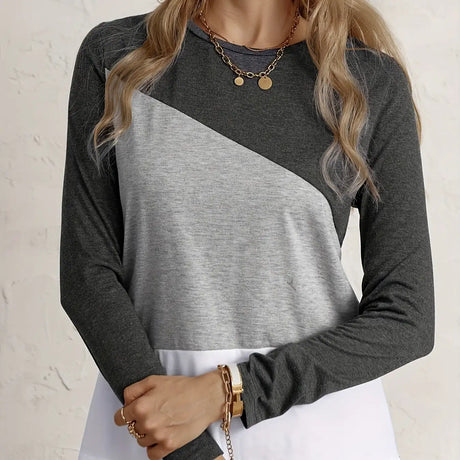 Ladies' Fashionable Casual Patchwork Color Long Sleeved T-shirt Top - Lootquake