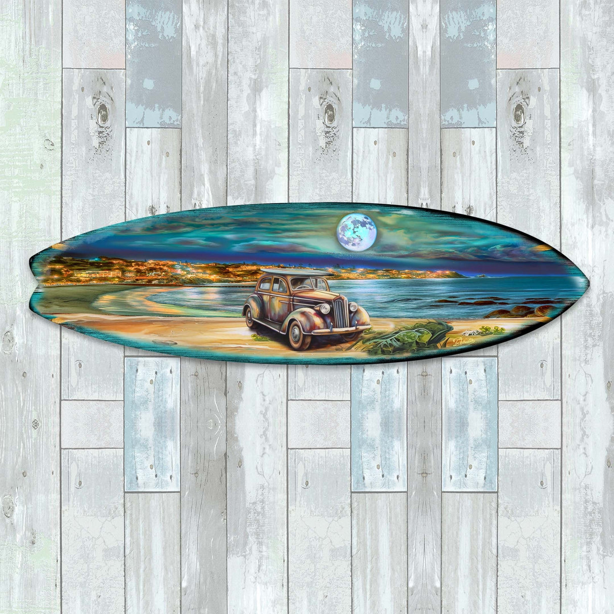 Night Beach Surfboard Coastal Wall Art by G. DeBrekht - Coastal Holiday Decor - 8490123HS