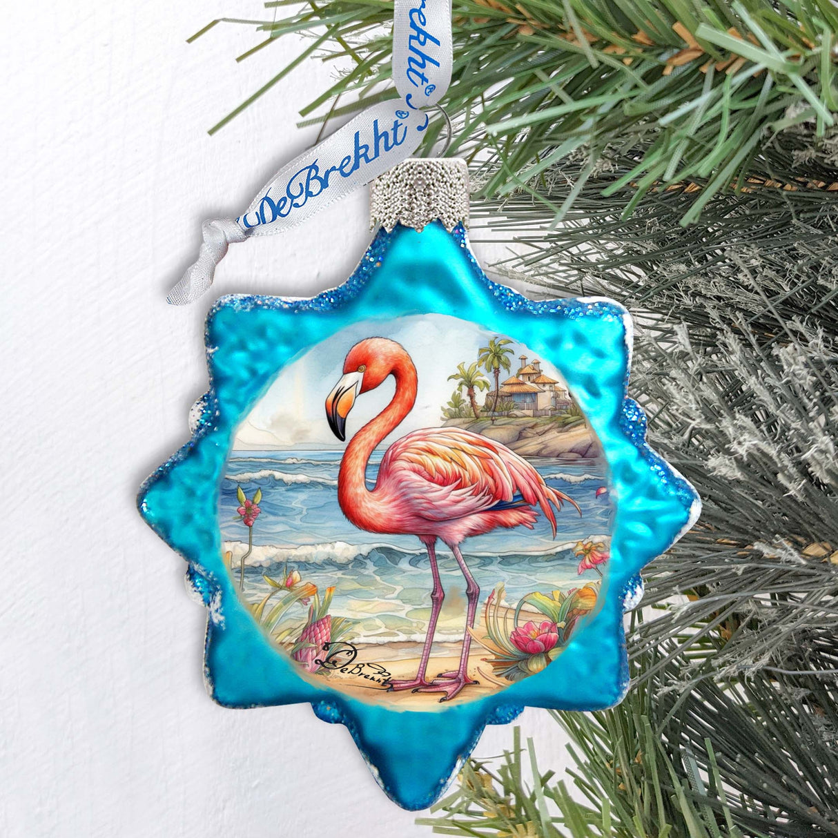 Nautical Christmas Ornaments - Flamingo Keepsake Glass Ornaments by G. Debrekht - Coastal Holiday Decor - 777394