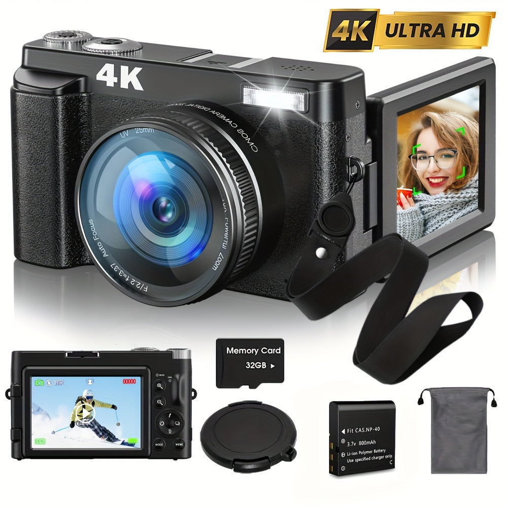 Cámara digital 4K de 48 MP, pantalla abatible de 3", enfoque automático, antivibración y zoom de 16x para fotografía y vídeo.