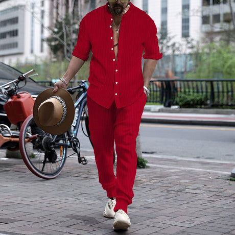 Men's Striped Hengli Collar Shirt Trousers - Lootquake