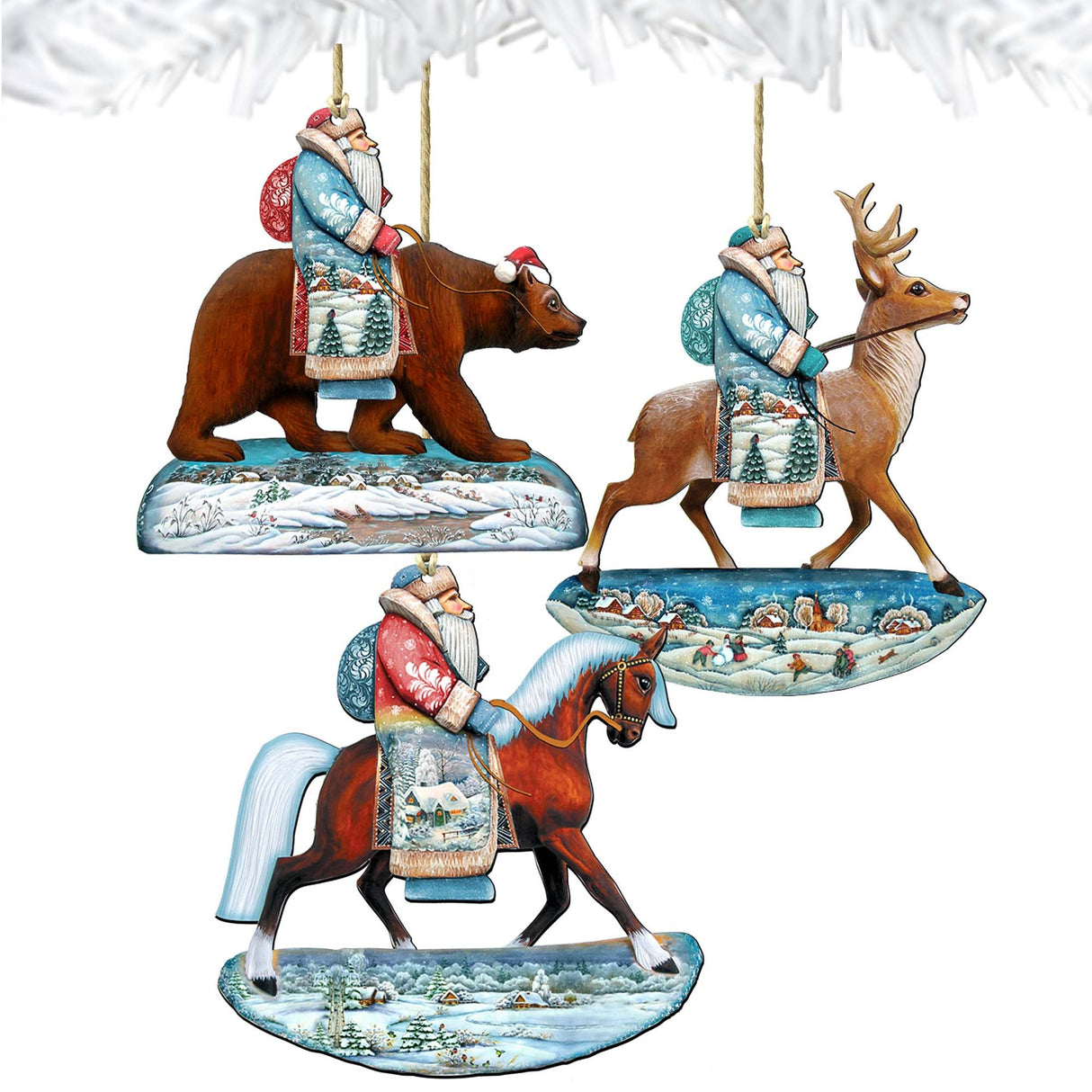 Adornos de madera de Papá Noel cabalgando (juego de 3) de G. DeBrekht - Decoración navideña de Papá Noel y muñeco de nieve - 8100016S3
