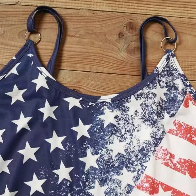 Ladies' V-neck American Flag Star Striped Pocket Shoulder Strap Mini Dress, Independence Day Dress - Lootquake