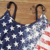 Ladies' V-neck American Flag Star Striped Pocket Shoulder Strap Mini Dress, Independence Day Dress - Lootquake