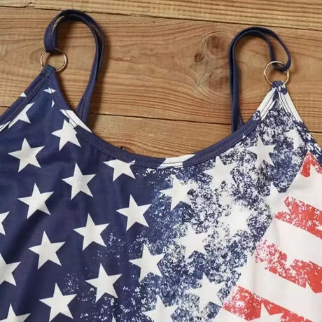 Ladies' V-neck American Flag Star Striped Pocket Shoulder Strap Mini Dress, Independence Day Dress - Lootquake