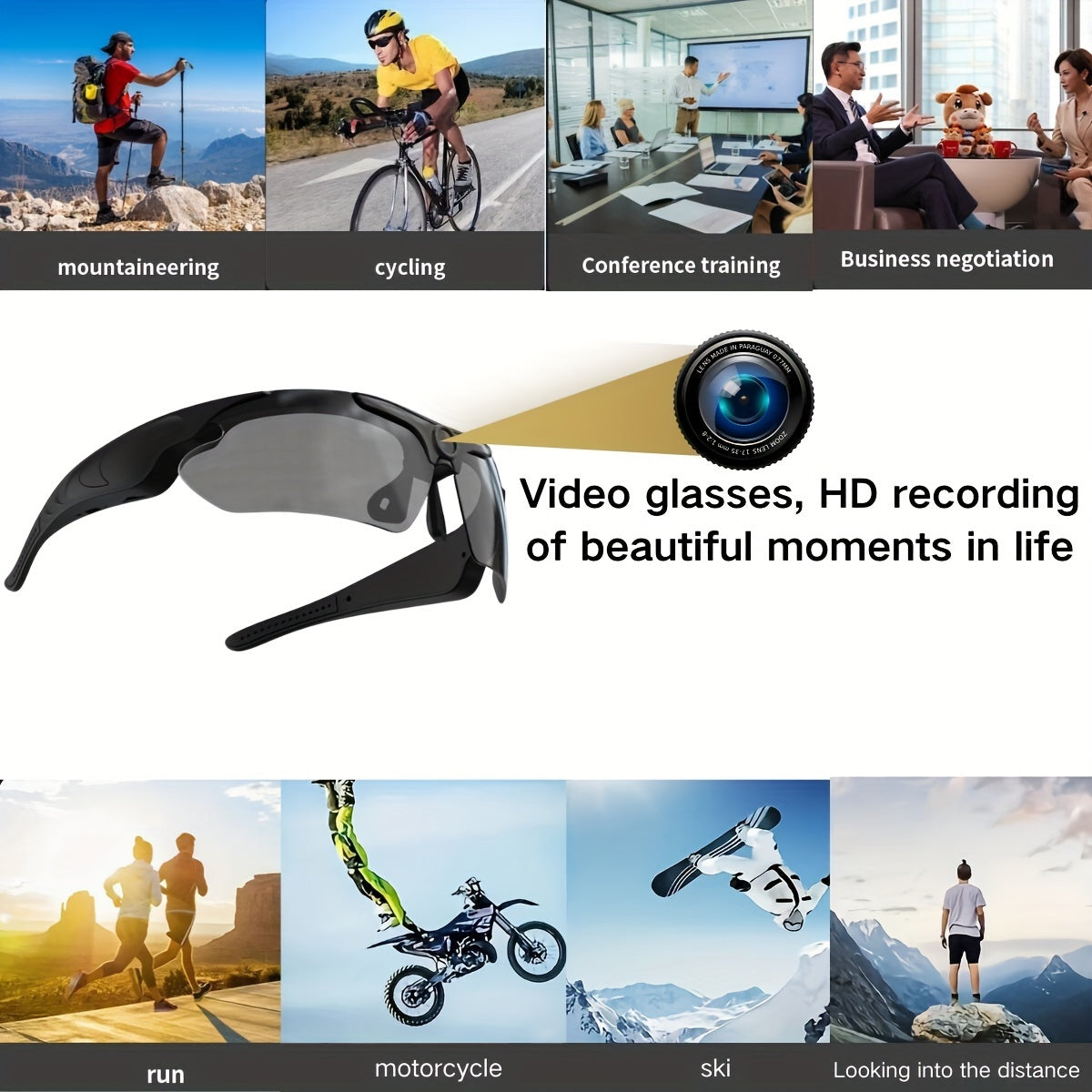 1080P HD Video Camera Glasses, Outdoor Sports DV Camera, Smart Glasses, Wide-Angle 120 ° Glasses Camera, Body Camera, Cycling, Motorcycle, Bicycle, with 64GB Storage Card