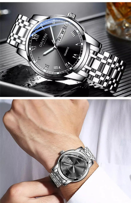 Stainless Steel With Double Calendar Quartz Watch Waterproof Luminous - Lootquake