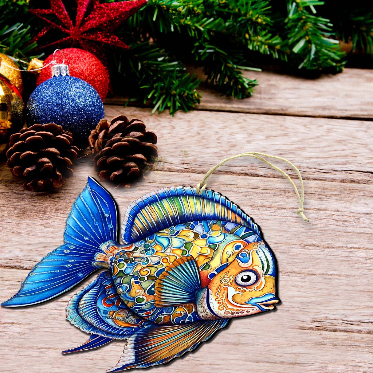 Adornos navideños de madera - Adornos de madera con forma de pez azul de G.Debrekht Coastal Holiday Decor - 8688301