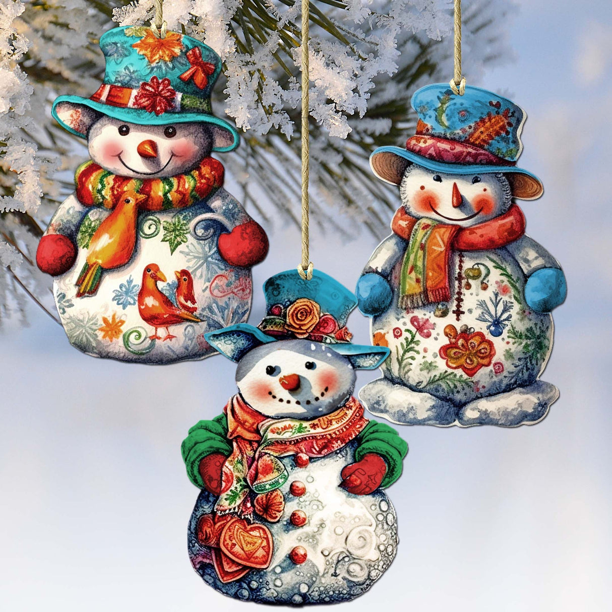 Juego de 3 adornos decorativos de madera con forma de muñeco de nieve de G. Debrekht - Decoración navideña - 8091023-S3
