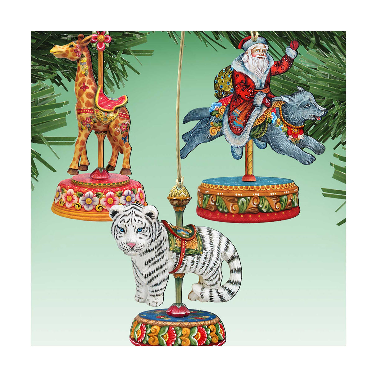 Carousel Wooden Ornaments-Tiger,Santa,Giraffe - Christmas Decor - 8100089S3