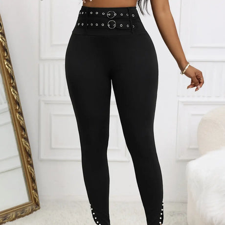 Ladies' Solid Color Casual Style Tight Fitting High Waist Slim Fit Slit Detail Pants Waist Ring Fake Belt Design Sense Tapered Pants - Lootquake