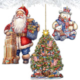 Santas Around the World - American Inspired Santa - Wooden Ornaments Set of 3 by G. DeBrekht Christmas Santa Snowman Decor - 8091301S3