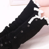 Calentadores de piernas de punto con ribete de encaje: suaves, elásticos y por encima de la rodilla para mujer. Medias y calcetines a juego con botones decorativos para el frío.