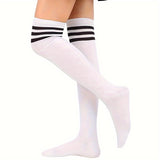 2 pares de medias altas hasta el muslo con rayas retro - Estilo universitario de moda - Calcetines suaves y elásticos por encima de la rodilla para el armario de una mujer