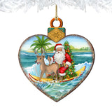 Wooden Christmas Ornaments - Surfing Santa Heart Wooden Ornaments by G.Debrekht - Coastal Holiday Decor - 8688174