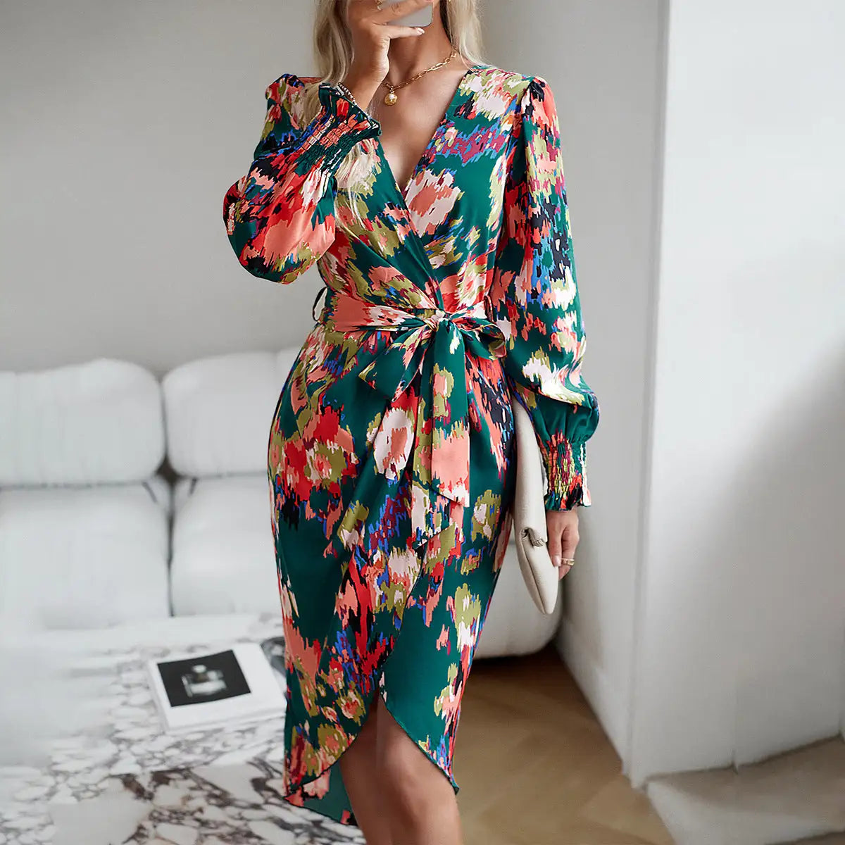 Printed Dress 2023 Autumn Winter Elegant V-neck Dress - Lootquake