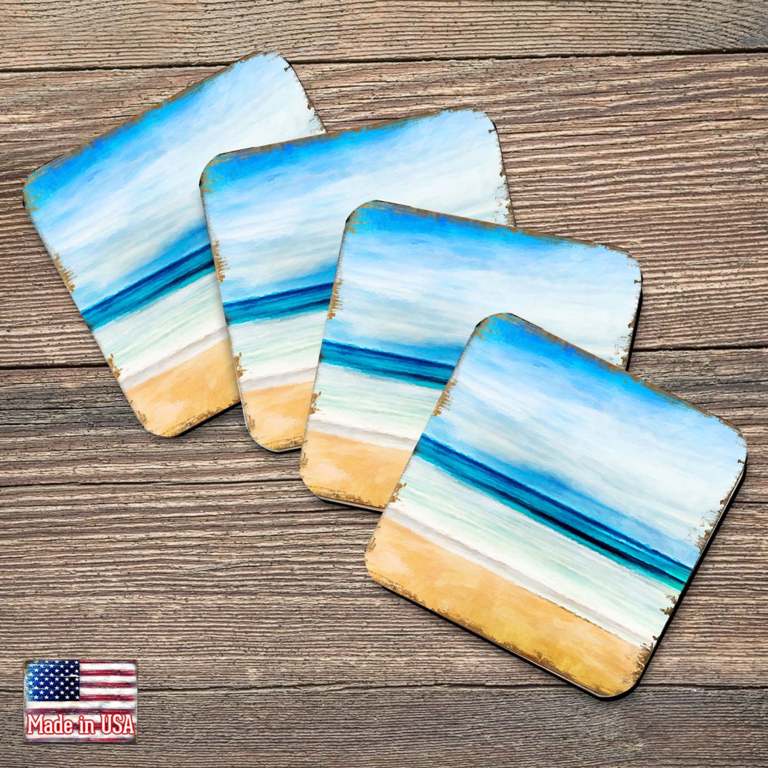Beach Coastal Wooden Cork Coasters Gift Set of 4 by Nature Wonders - Coastal Sea-Life Decor - 95226C-S4