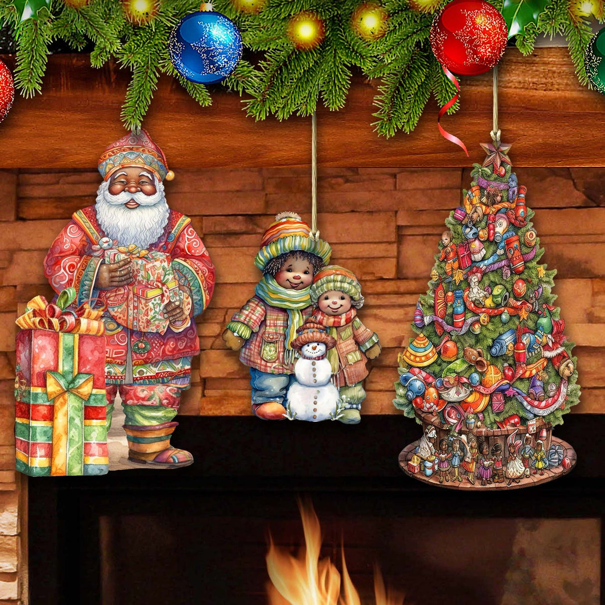 Papá Noel de todo el mundo - Papá Noel de inspiración afroamericana - Juego de 3 adornos de madera de G. DeBrekht - Decoración navideña de Papá Noel y muñeco de nieve - 8091310S3