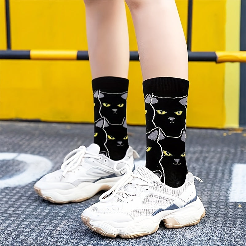5 Pairs Personality Black Cat Cartoon Print Medium Tube Socks For Womens Gifts, Cute Comfy Warm Socks Birthday Gifts