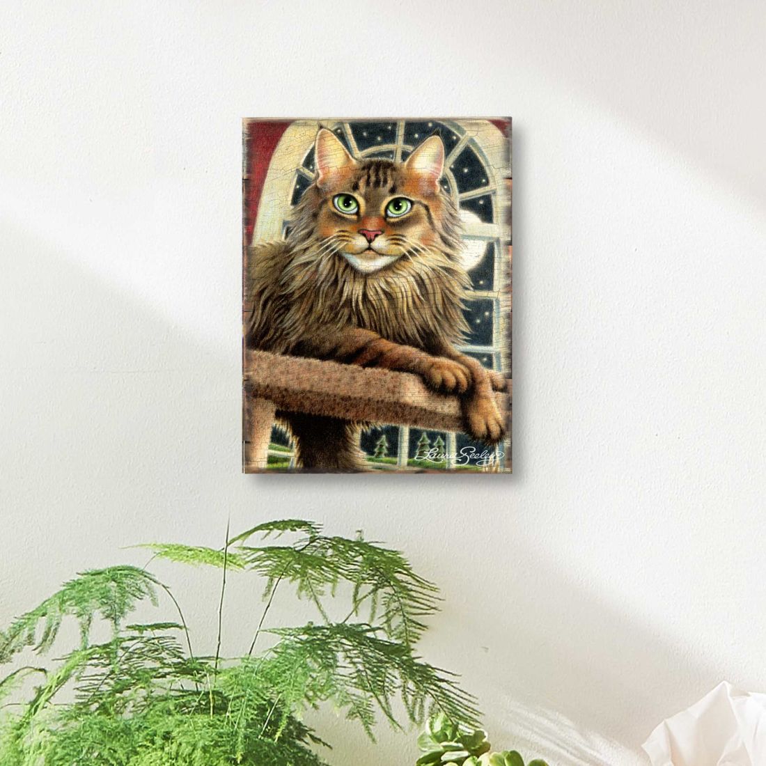Cat at the Window Arch Wooden Wall Art by Laura Seeley - Pets Dog and Cats Decor - 8512114B