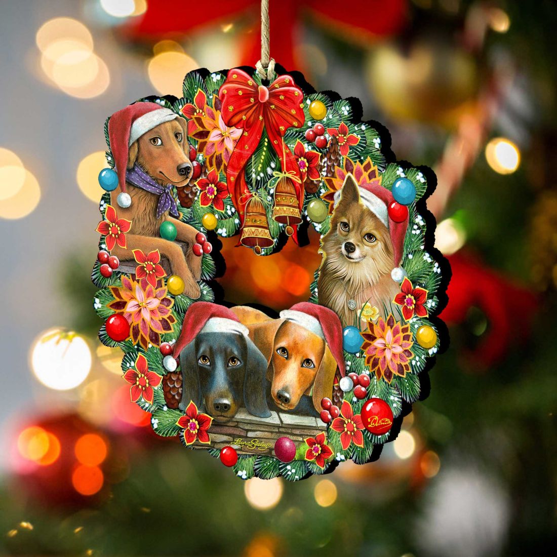 Christmas Friends Puppy Wreath Wooden Ornaments by G. DeBrekht - Pets Dog and Cats Decor - 8185307-6-SL